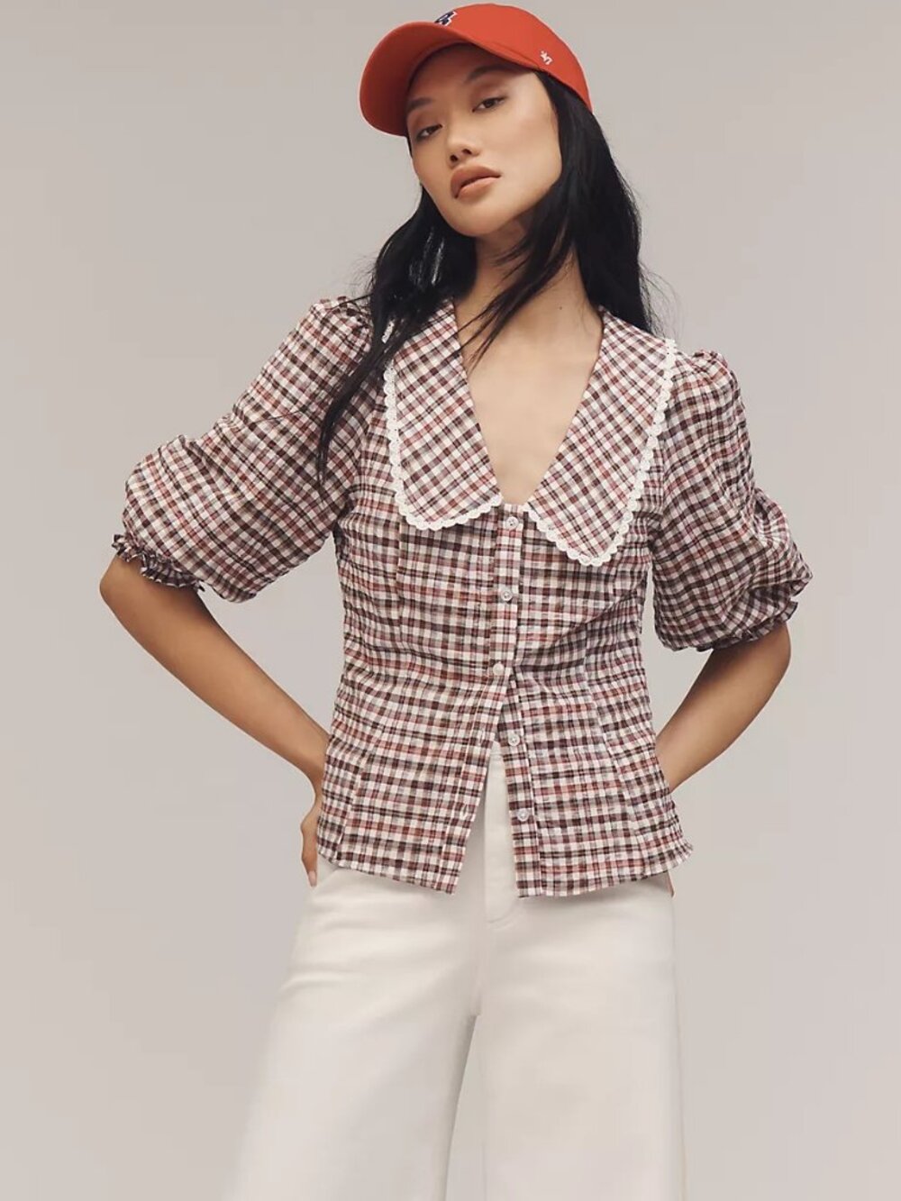 Maeve Collared Puff-Sleeve Gingham Blouse NEW
